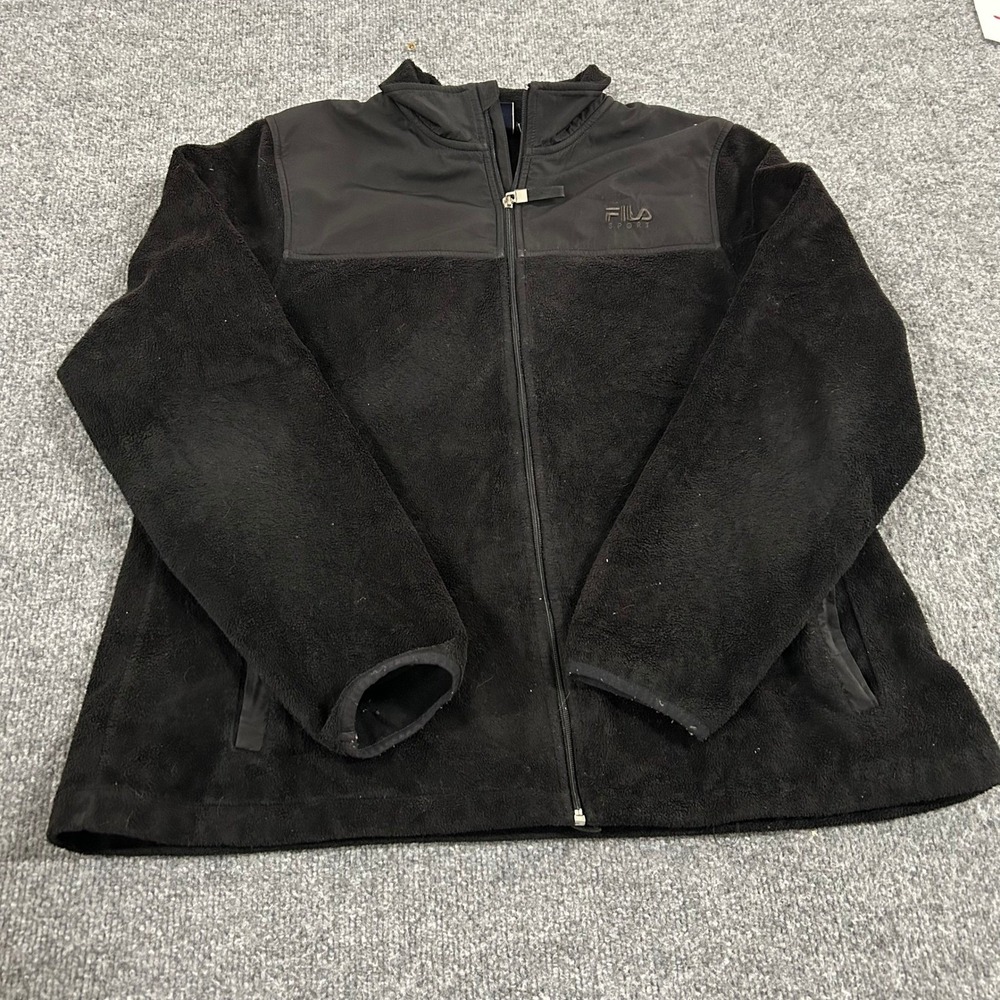 Fila Sport Jacket Womens Size XL Black Fleece Full Zip Woven Yoke Athletic Layer